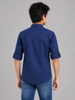 Boys Navy Blue Embroidered Mandarin Collar Shirt - Image 3