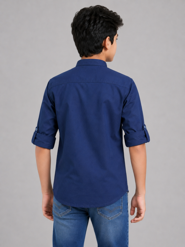 Boys Navy Blue Embroidered Mandarin Collar Shirt - Image 3
