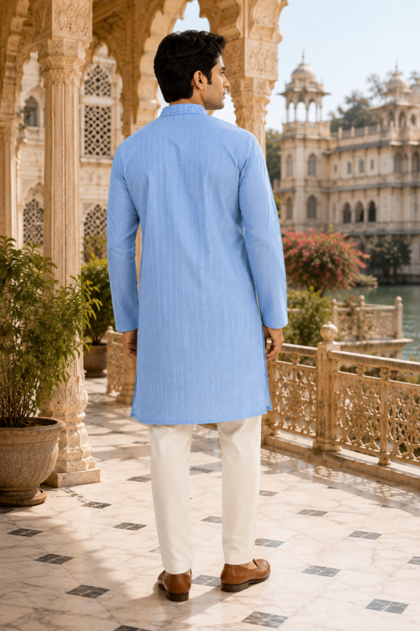 Heritage Sky Blue Textured Cotton Kurta - Image 2