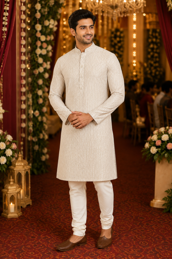 Elegant Off-White Textured Ethnic Kurta for Men - Image 4
