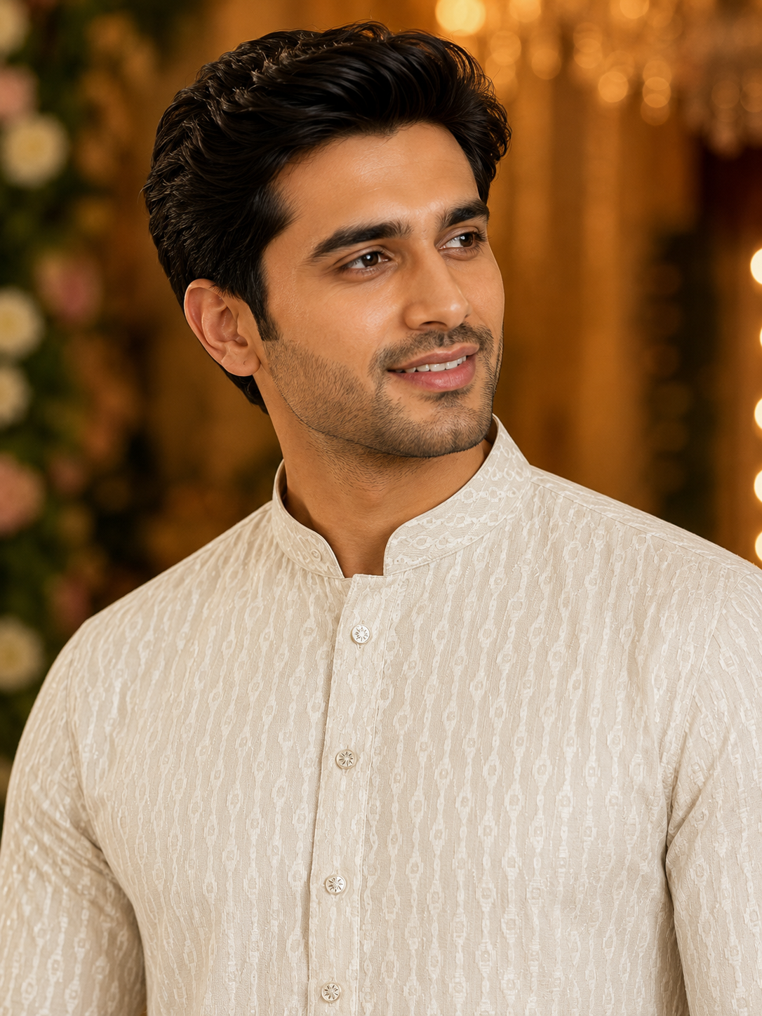 2026/08/1001522511.png Elegant Off-White Textured Ethnic Kurta for Men - Image 1