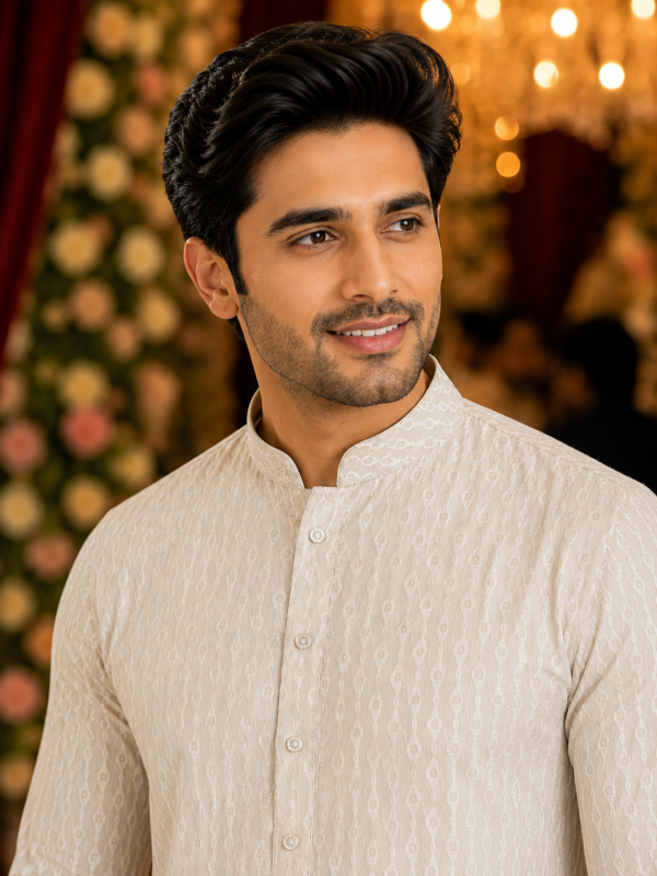 Elegant Off-White Textured Ethnic Kurta for Men - Image 3