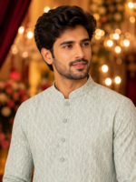 Sage Green Textured Ethnic Kurta for Men