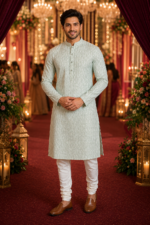 Sage Green Textured Ethnic Kurta for Men - Image 2