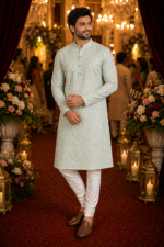 Sage Green Textured Ethnic Kurta for Men - Image 3