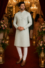 Sage Green Textured Ethnic Kurta for Men - Image 5