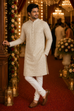 Ivory Textured Ethnic Kurta for Men - Image 4