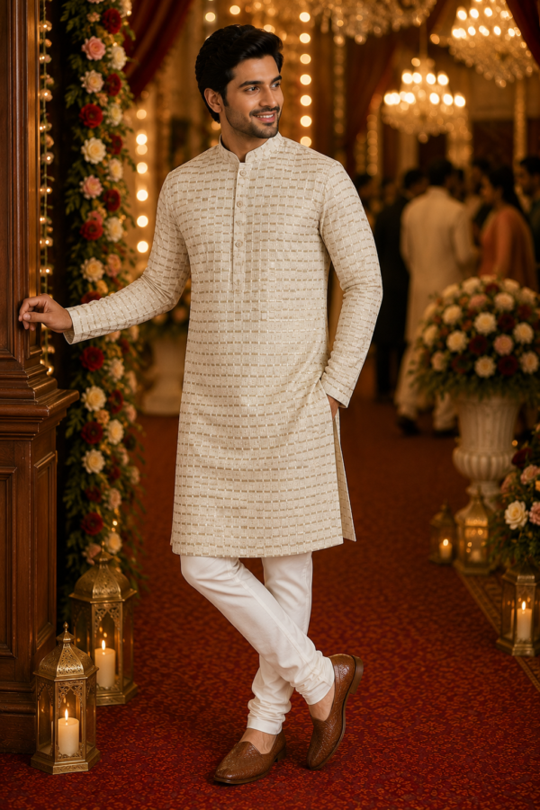 Ivory Textured Ethnic Kurta for Men - Image 4