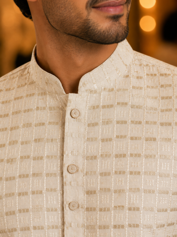 Ivory Textured Ethnic Kurta for Men - Image 2