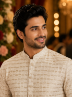 Ivory Textured Ethnic Kurta for Men