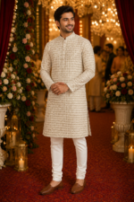 Ivory Textured Ethnic Kurta for Men - Image 3