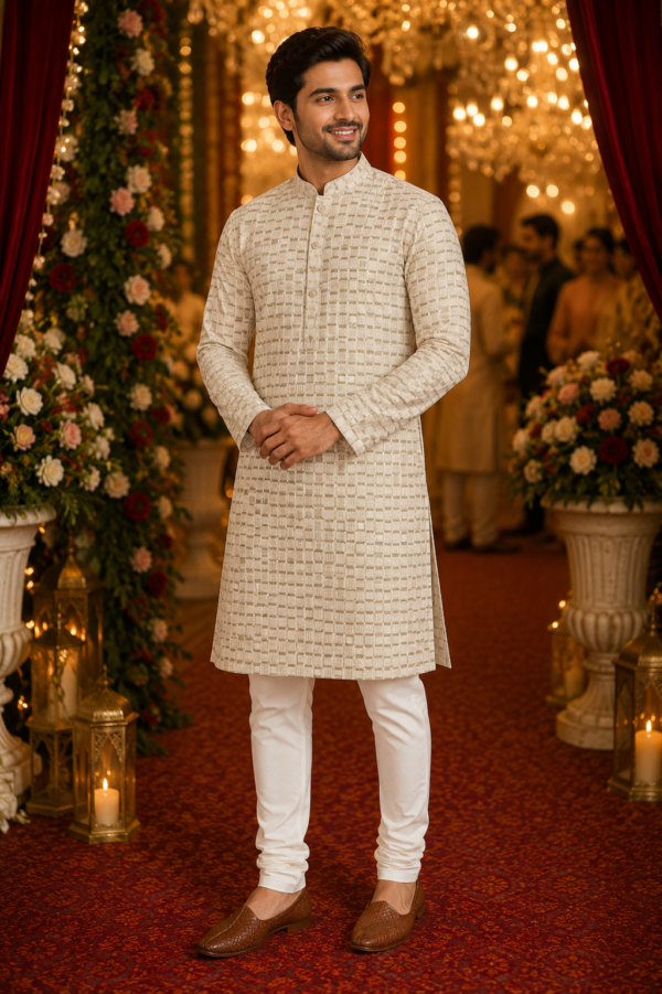 Ivory Textured Ethnic Kurta for Men - Image 3