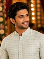 Sage Green Textured Ethnic Kurta for Men