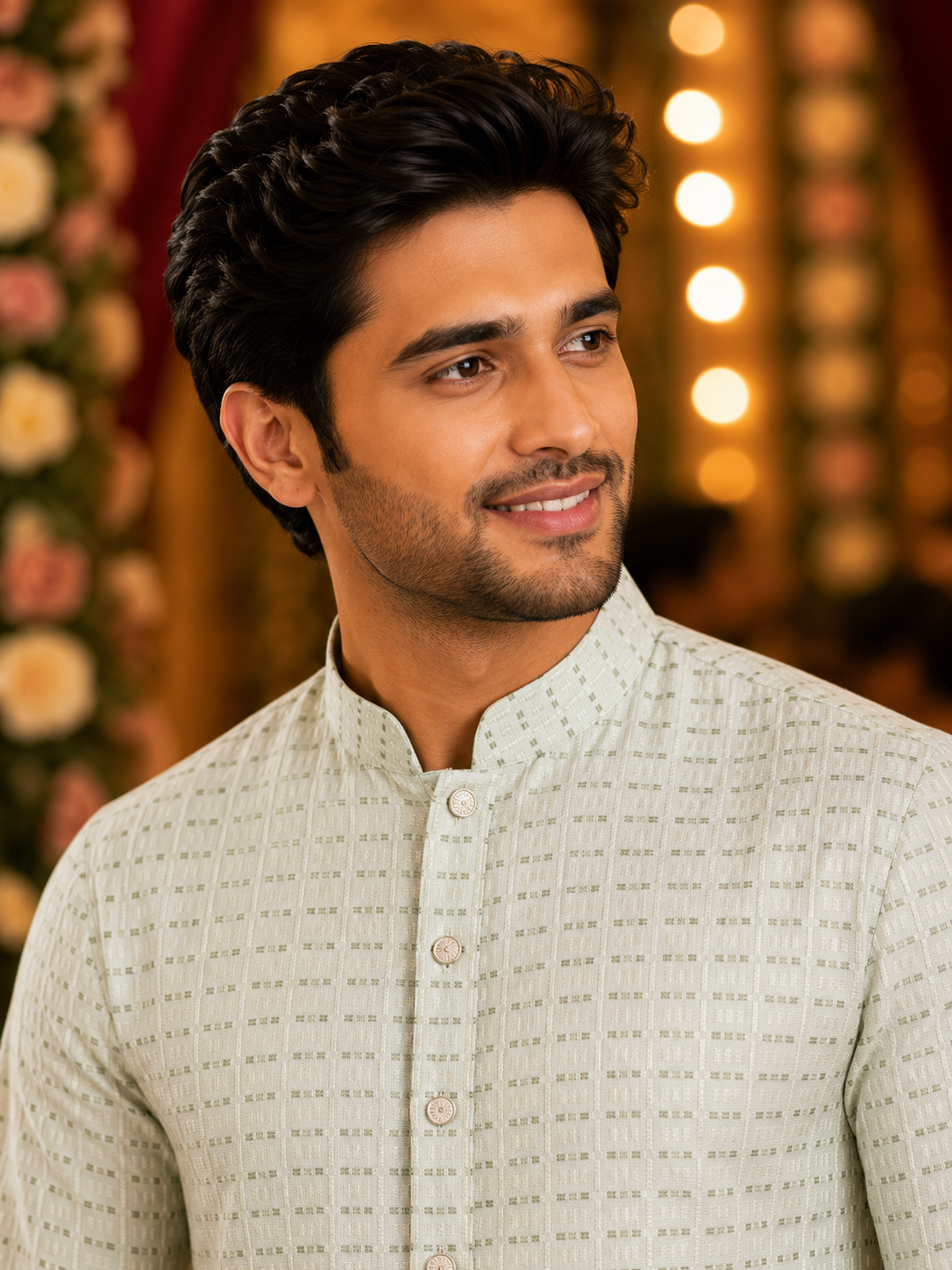 2026/08/1001522542.png Sage Green Textured Ethnic Kurta for Men - Image 1