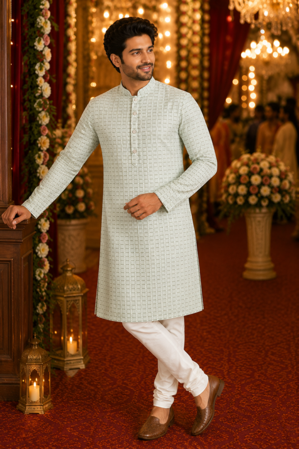 Sage Green Textured Ethnic Kurta for Men - Image 4