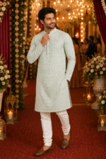 Sage Green Textured Ethnic Kurta for Men - Image 3