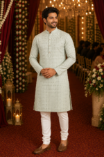 Sage Green Textured Ethnic Kurta for Men - Image 2