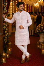 Elegant Blush Pink Textured Men's Ethnic Kurta - Image 3
