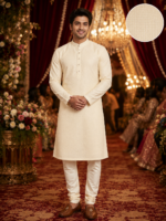 Classic Cream Textured Ethnic Kurta for Men - Image 3