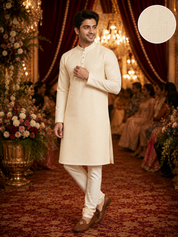 Classic Cream Textured Ethnic Kurta for Men - Image 2