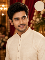 Classic Cream Textured Ethnic Kurta for Men - Image 4