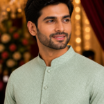 Sage Green Geometric Print Men's Ethnic Kurta