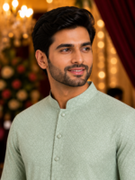 Sage Green Geometric Print Men's Ethnic Kurta