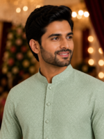 Sage Green Geometric Print Men's Ethnic Kurta - Image 3