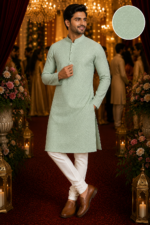 Sage Green Geometric Print Men's Ethnic Kurta - Image 2