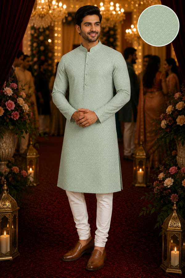 Sage Green Geometric Print Men's Ethnic Kurta - Image 4
