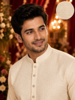 Classic Ivory Textured Men's Kurta Set for Festive Occasions - Image 4