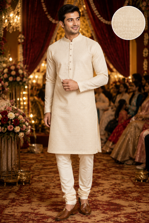 Classic Ivory Textured Men's Kurta Set for Festive Occasions - Image 2