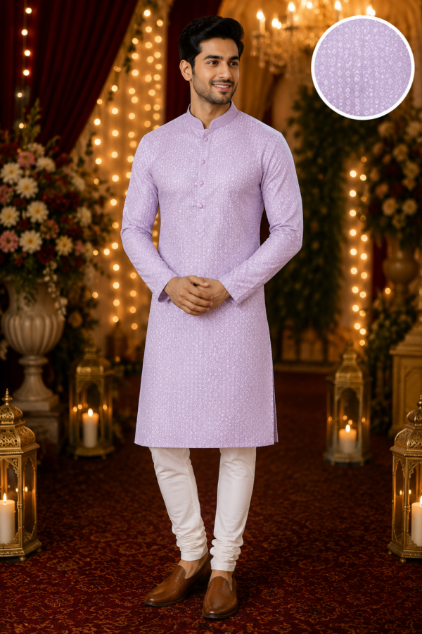 Lilac Geometric Pattern Men's Ethnic Kurta - Image 3