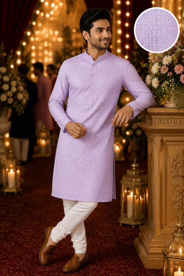Lilac Geometric Pattern Men's Ethnic Kurta - Image 4