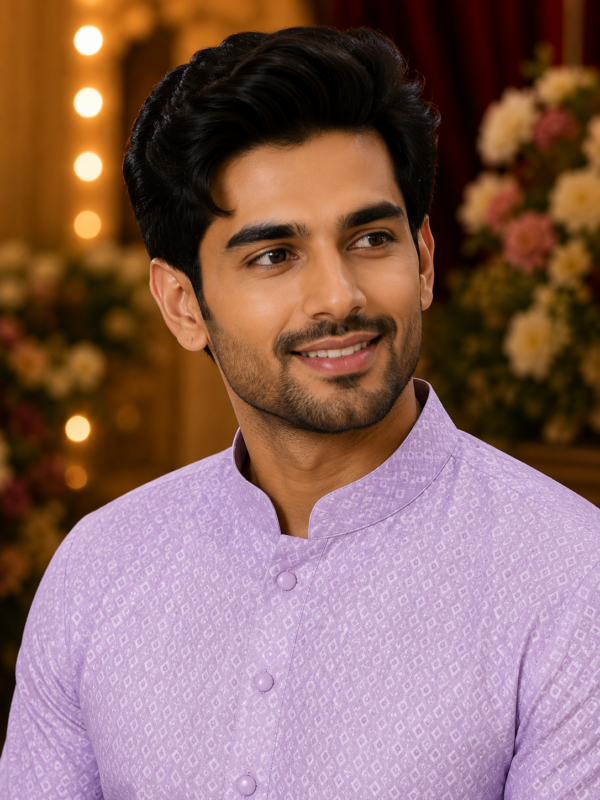 Lilac Geometric Pattern Men's Ethnic Kurta - Image 2