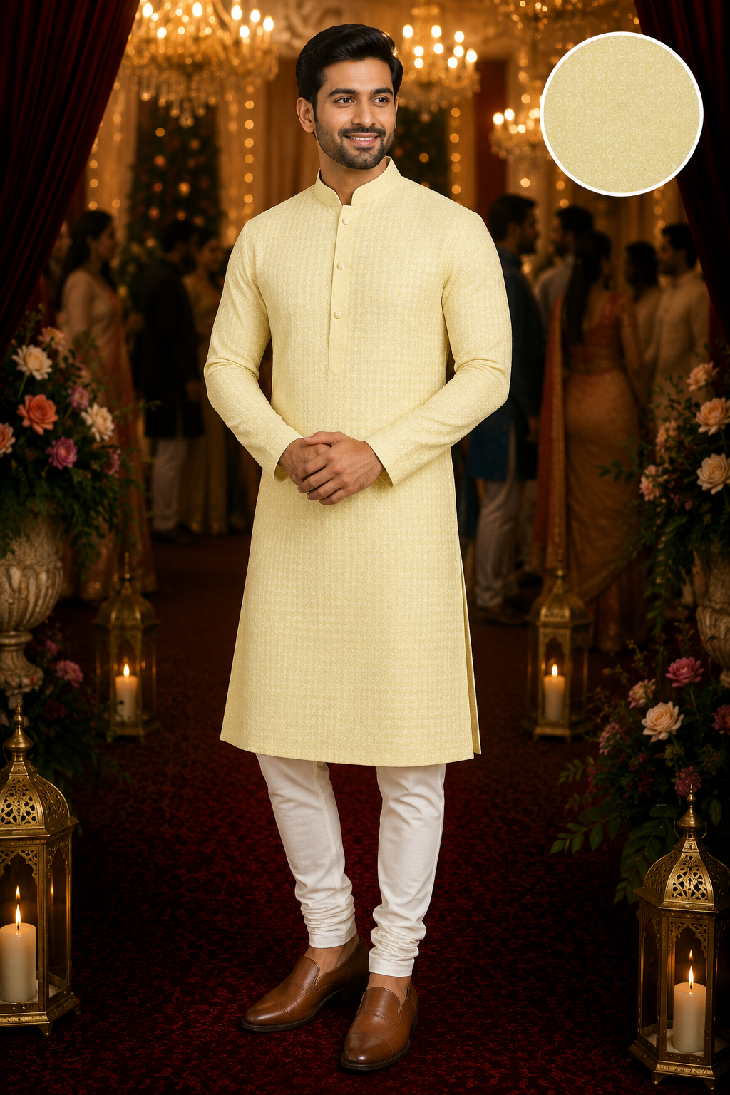 2026/08/1001522732.png Sunshine Yellow Textured Ethnic Kurta for Men - Image 1