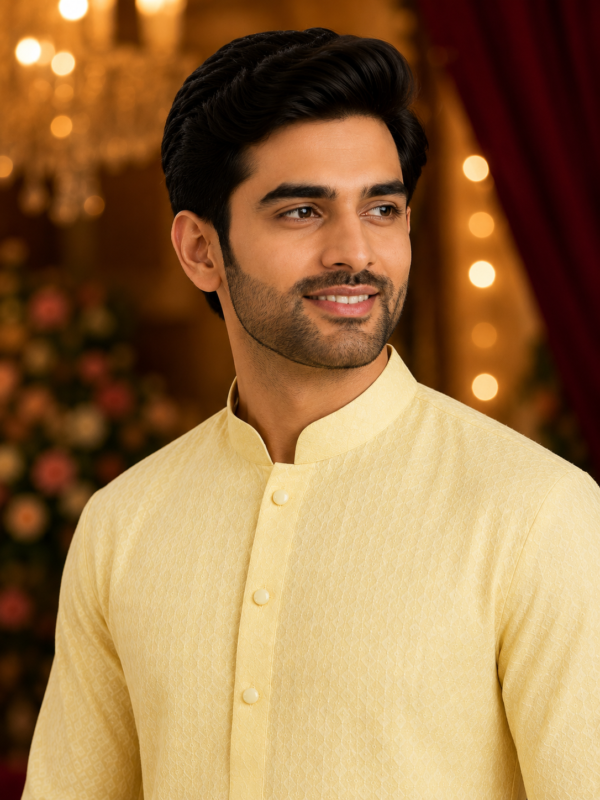 Sunshine Yellow Textured Ethnic Kurta for Men - Image 4