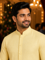 Sunshine Yellow Textured Ethnic Kurta for Men - Image 2
