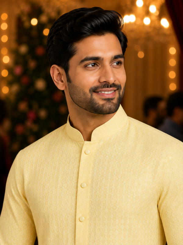 Sunshine Yellow Textured Ethnic Kurta for Men - Image 2