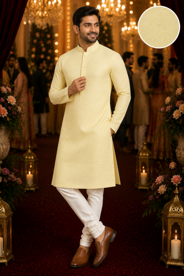 Sunshine Yellow Textured Ethnic Kurta for Men - Image 3