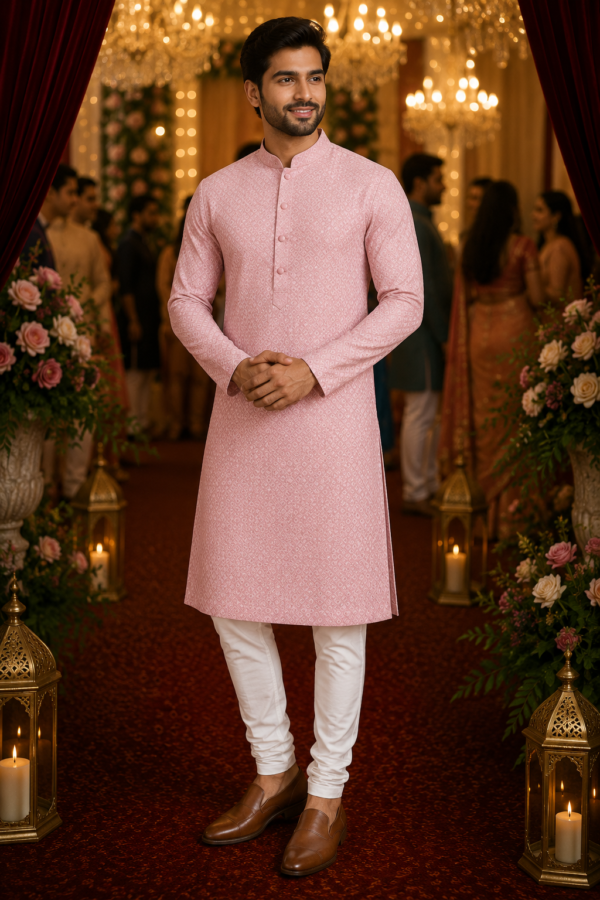 Elegant Dusty Rose Textured Ethnic Kurta for Men - Image 2