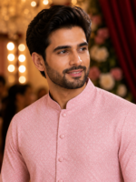Elegant Dusty Rose Textured Ethnic Kurta for Men - Image 3