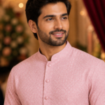 Elegant Dusty Rose Textured Ethnic Kurta for Men