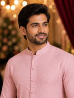 Elegant Dusty Rose Textured Ethnic Kurta for Men