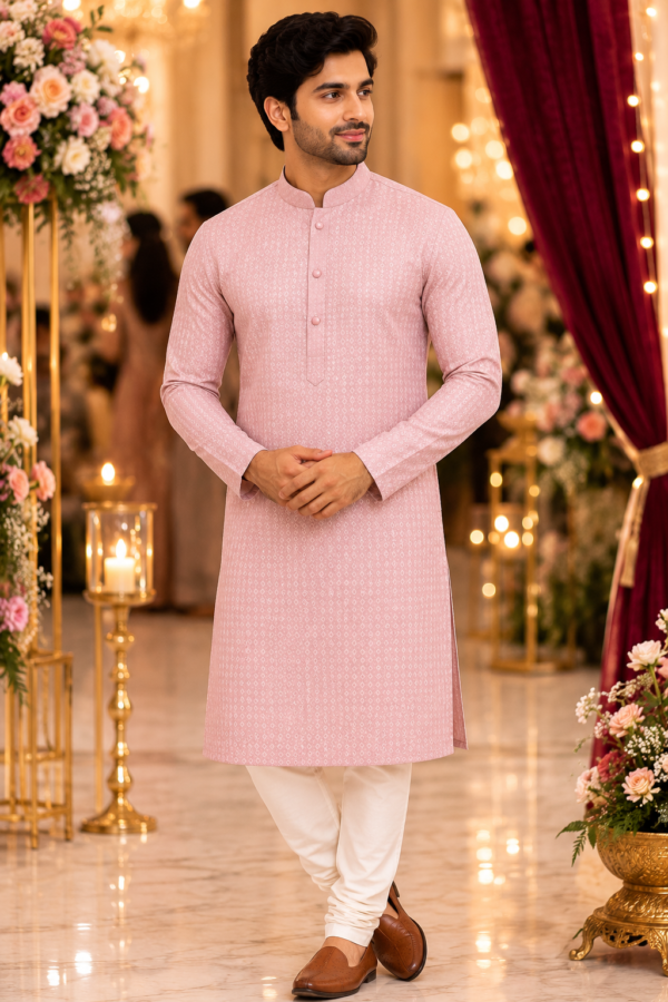 Elegant Dusty Rose Textured Ethnic Kurta for Men - Image 4