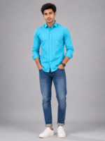 Men's Vibrant Cyan Slim-Fit Casual Button-Down Shirt - Image 3