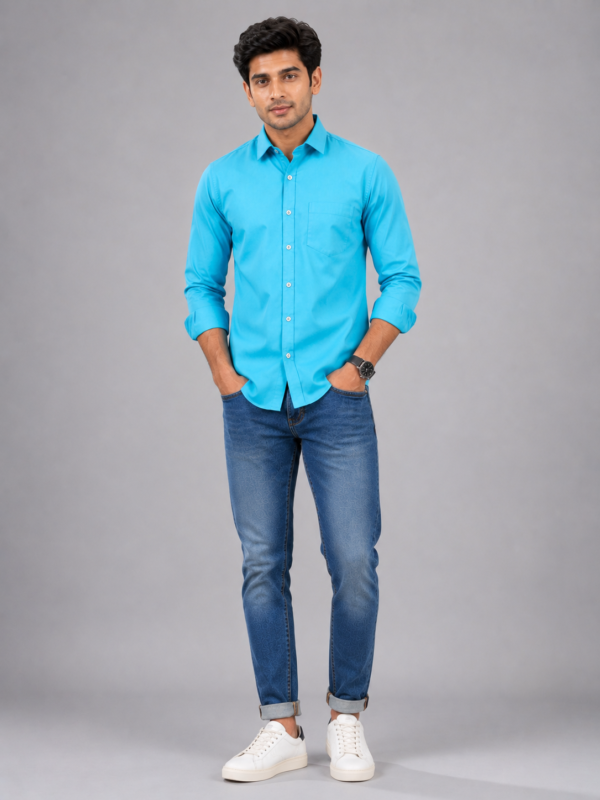 Men's Vibrant Cyan Slim-Fit Casual Button-Down Shirt - Image 3