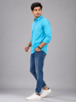 Men's Vibrant Cyan Slim-Fit Casual Button-Down Shirt - Image 2