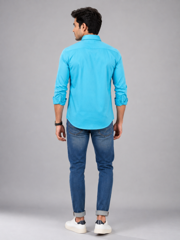 Men's Vibrant Cyan Slim-Fit Casual Button-Down Shirt - Image 4