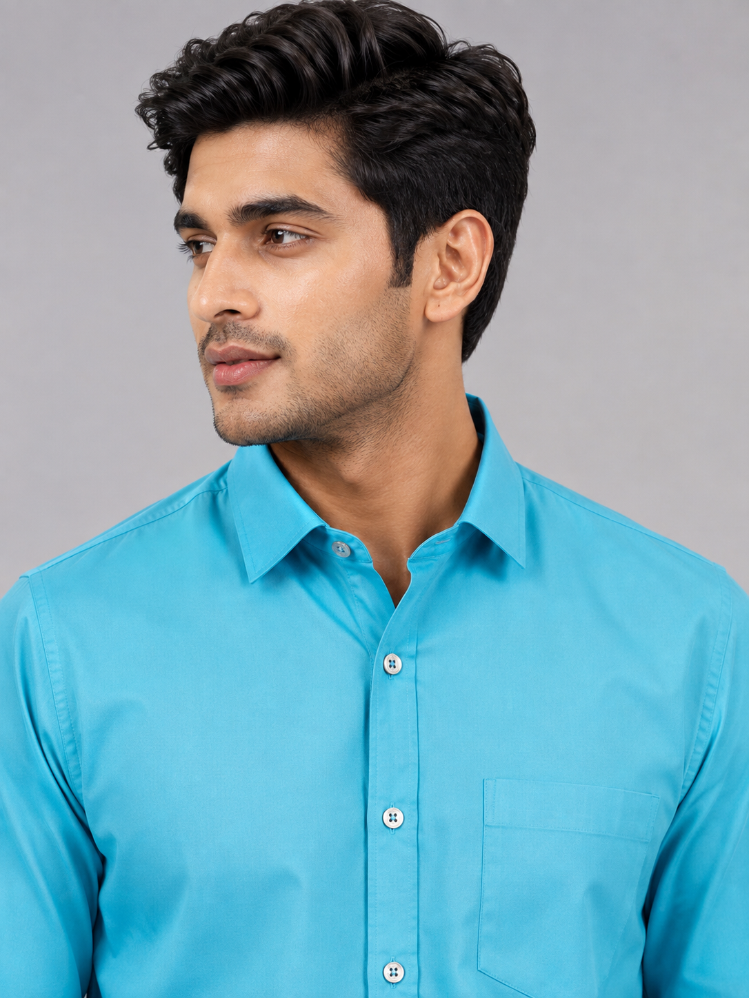 2026/08/1001559042.png Men's Vibrant Cyan Slim-Fit Casual Button-Down Shirt - Image 1